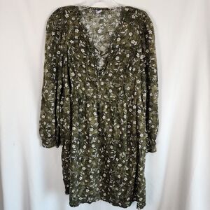 Old Navy Womens Floral Long Sleeve Popover Mini Dress Olive Green‎ Boho